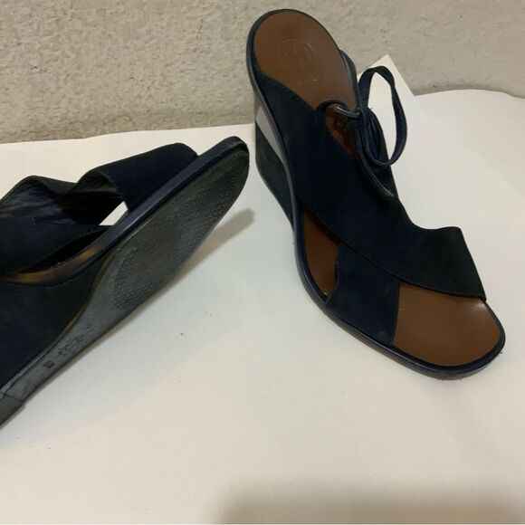 Tory Burch Navy Blue Suede Gabrielle Slingback Wedge Sandals Womens Size 8.5 M - Picture 11 of 16